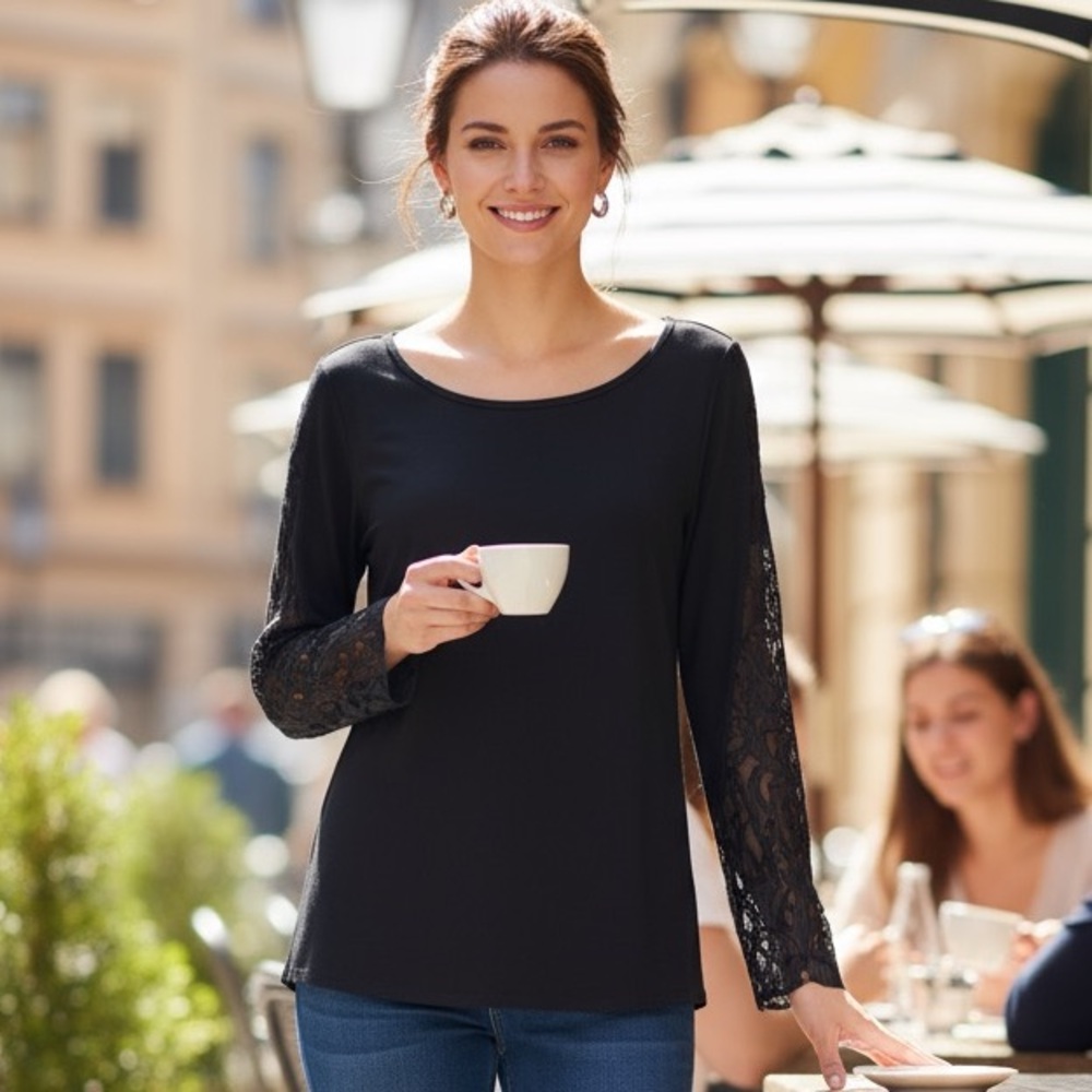 Boston Proper black long sleeve tshirt Lace inserts size Medium bateau neckline